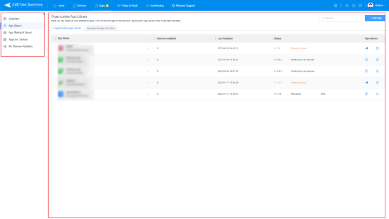 Apps Page of Admin Console