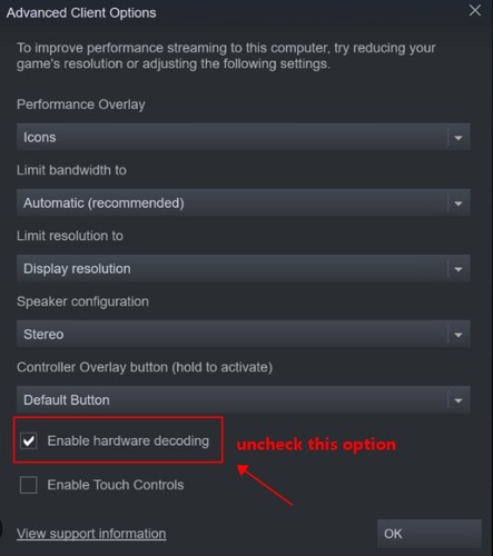 disable Hardware Decoding in Steam