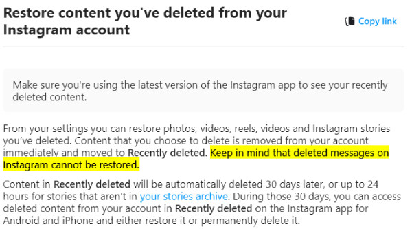 can you recover deleted Instagram messages via Recently deleted