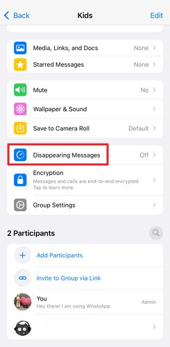 select disappearing messages for group