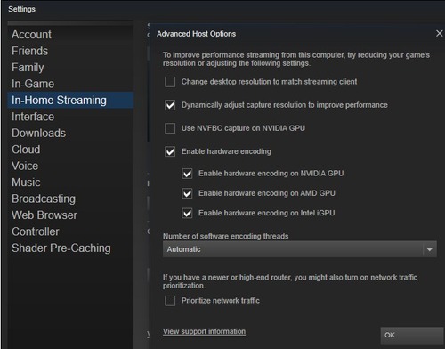 Steam Link Streaming settings