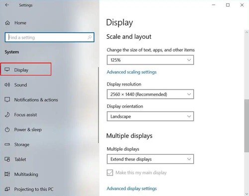 Windows Display settings from Settings app