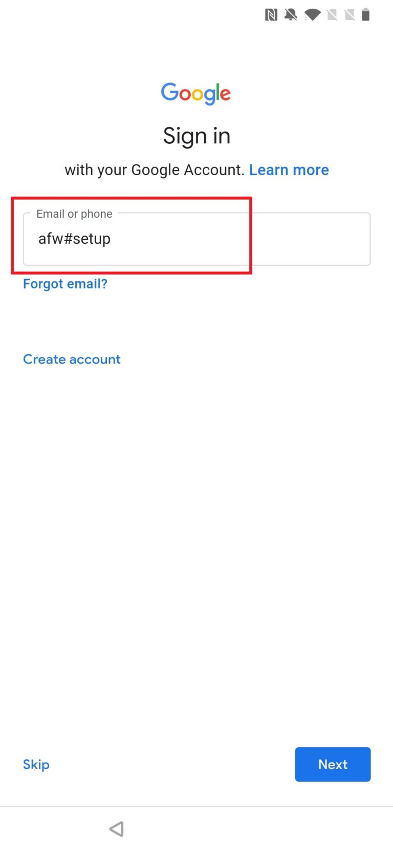 enter "afw#setup" in the input box on the Gmail sign-in page 