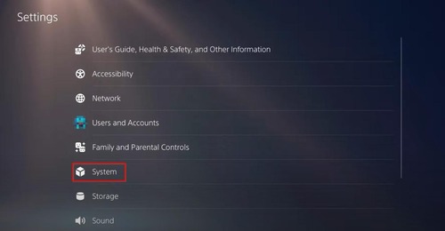 System settings on PS console