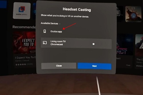 Headset de elenco para o aplicativo Oculus