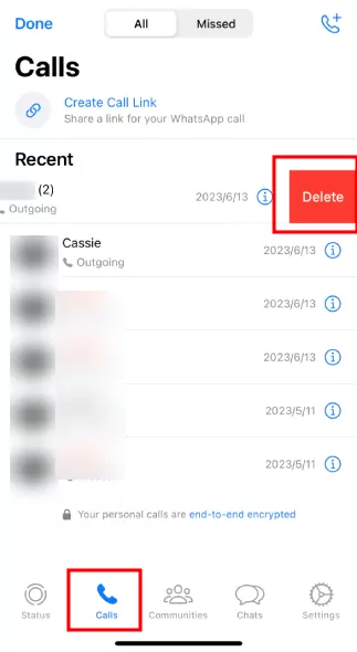 historial de llamadas eliminado de WhatsApp en iPhone