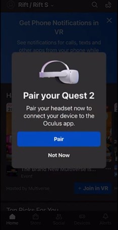 Escolha emparelhar o aplicativo Oculus com fone de ouvido