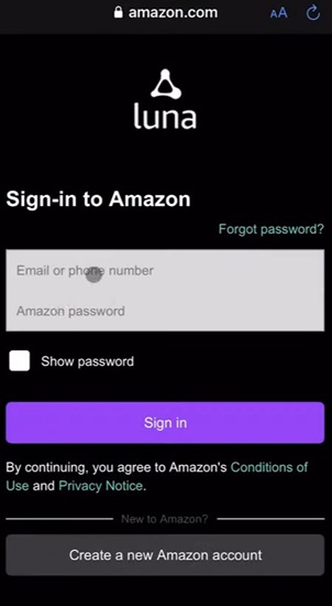 Sign In Amazon account on Luna