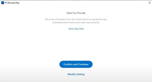 confirm and continue in PS Remote Play app
