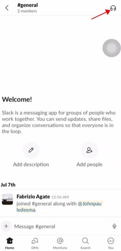 Huddle feature in Slack on mobile
