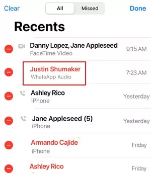 WhatsApp call history on the phone app of iPhone 