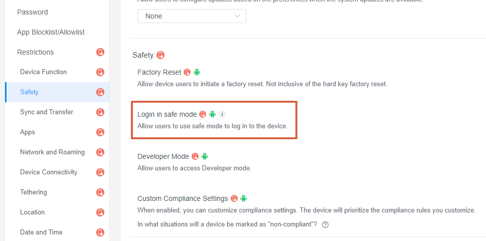 Access-the-Log-in-to-safe-mode-Policy-Setting-Section