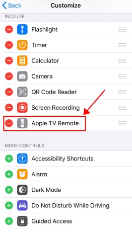 Apple TV Remote in Control Center settings