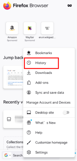 check browsing history in Firefox app