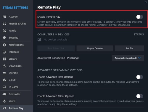 Enable Remote Play in Steam
