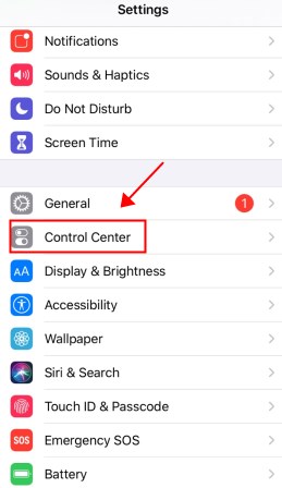 Control Center settings on iPhone