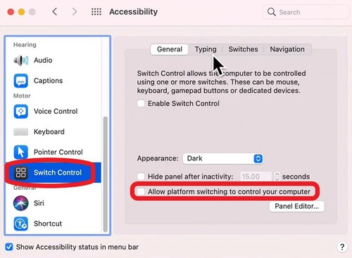 Switch Control settings in Mac