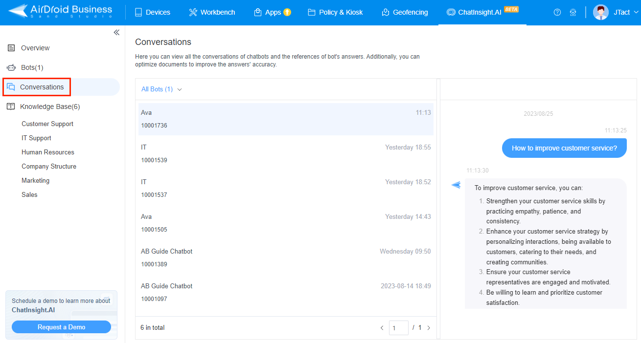 Check conversations history in ChatInsight