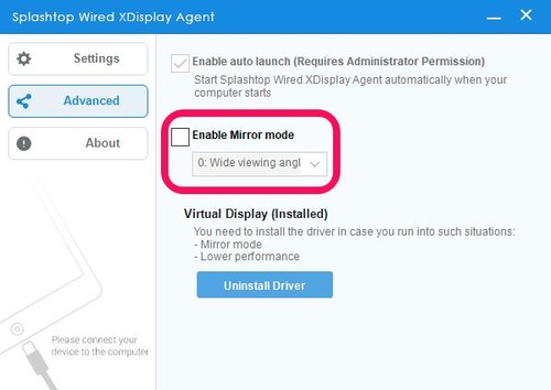 disable Mirror Mode in Splashtop Wired XDisplay