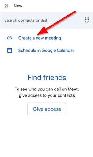 Create a new meeting on Google Meet mobile