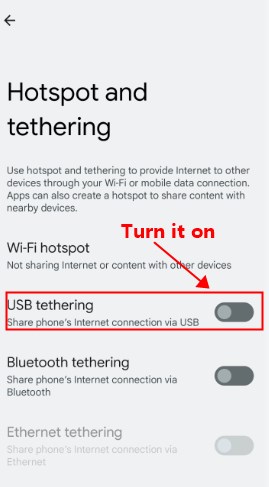 turn on USB Tethering on Android