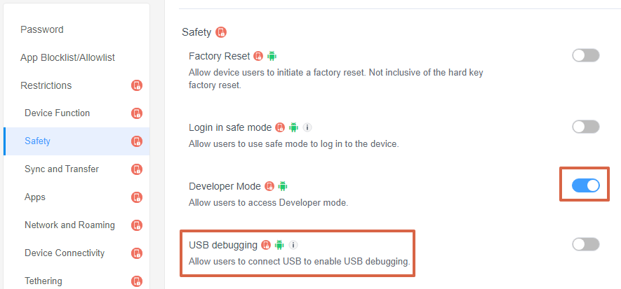 Access the "USB Debugging" Policy