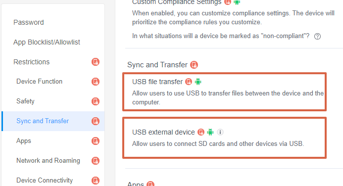 Access the "USB file transfer/ external devices" Policy