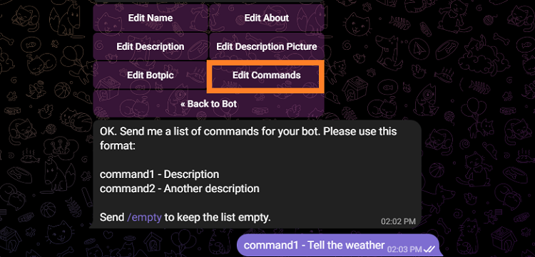 Add the commands for Telegram bot 