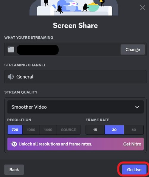 Go Live to share screen on Discord