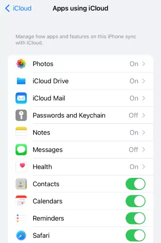 seleccione la aplicación del iPhone que desea sincronizar con iCloud