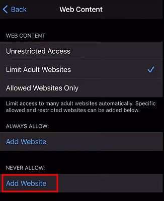 iPhone add Pornhub site to restrict