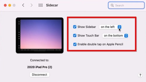 Sidecar settings on Mac
