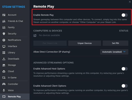 Remote Play in Steam Settings