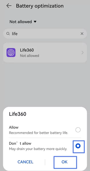 desactivar Optimización de la Batería para Life360