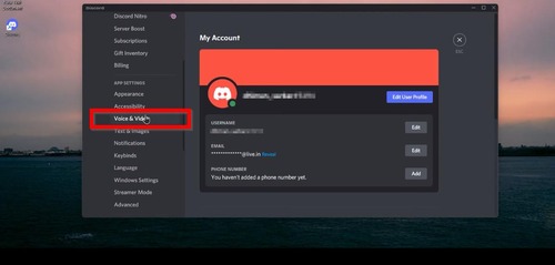 Voice and Video settings in Discord