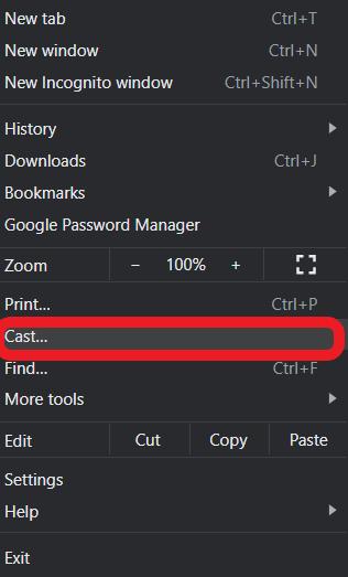 Cast option on Chrome browser