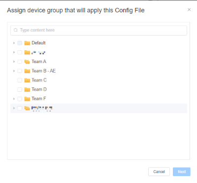 Menú de configuración de archivos solicitando elegir un grupo de dispositivos