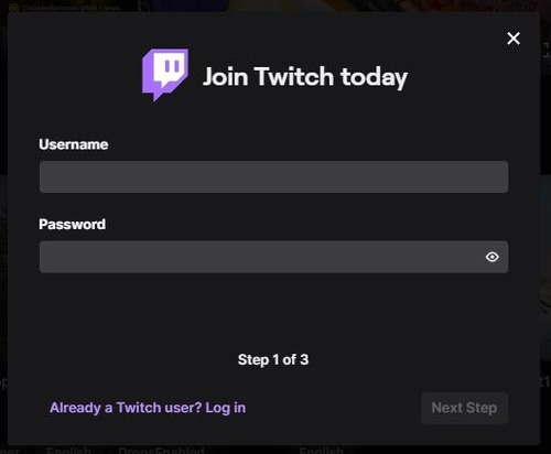 enter username and password for Twitch account