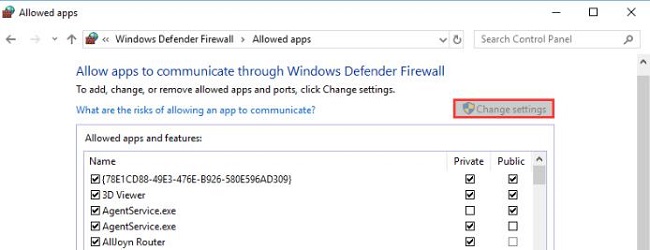 Windows Defender Firewall Change settings