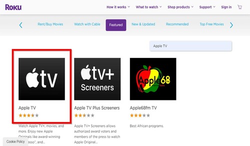 Apple TV channel on Roku website