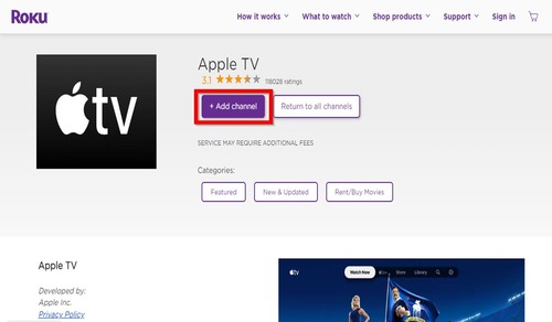 add Apple TV channel on Roku website