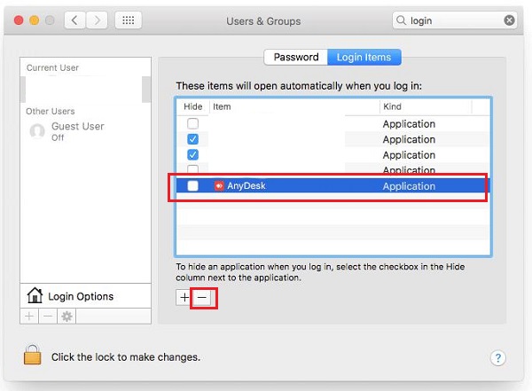 Elementos de Inicio de Sesión de AnyDesk