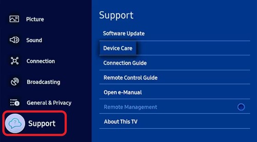 Support settings on Samsung TV