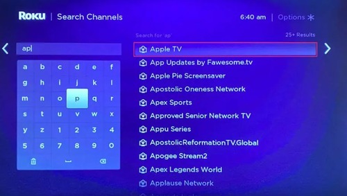 search for Apple TV in Roku
