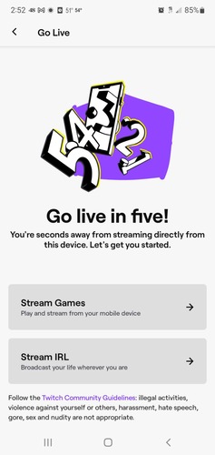 Go Live on Twitch Android
