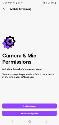 grant permissions for Twitch streaming on Android