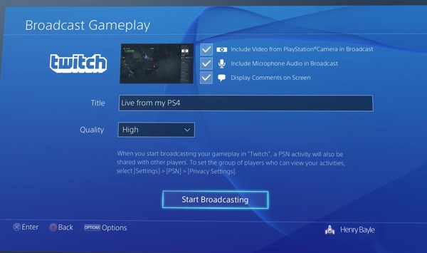 Broadcast gameplay on PS4
