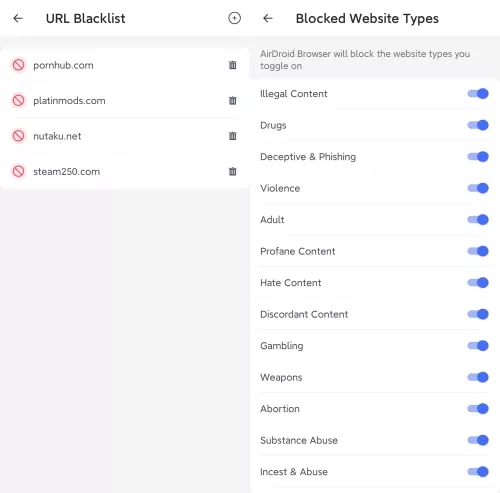 AirDroid blacklist and block site types