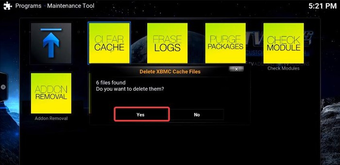 confime clearing cache on Kodi