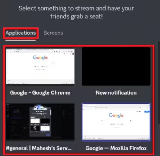 Discord Share Applications Screen